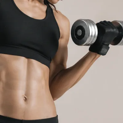 Athletic woman performing a dumbbell bicep curl workout to build arm strength and muscle definition.