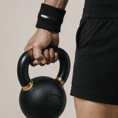 Person holding a kettlebell during functional strength training and full-body fitness workout.